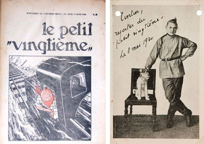 Слева: первая полоса газеты Le Petit Vingtième, в которой печатались истории про Тинтина. 1930-е. Справа: Тинтин в стране Советов. Почтовая открытка с актером, переодетым в Тинтина в косоворотке. 1930-е. Источник: artfact.com
