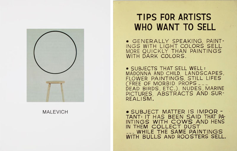 Слева: Джон Балдессари. Double Vision: Malevich (Раздвоение. Малевич). 2011. Лакированный холст, масло, печать. Courtesy Пер-Андерс Овин. © John Baldessari. Справа: Джон Балдессари. Советы художникам, которые хотят продаваться. 1966–1968. Холст, акрил. The Broad Art Foundation, Санта-Моника. © John Baldessari