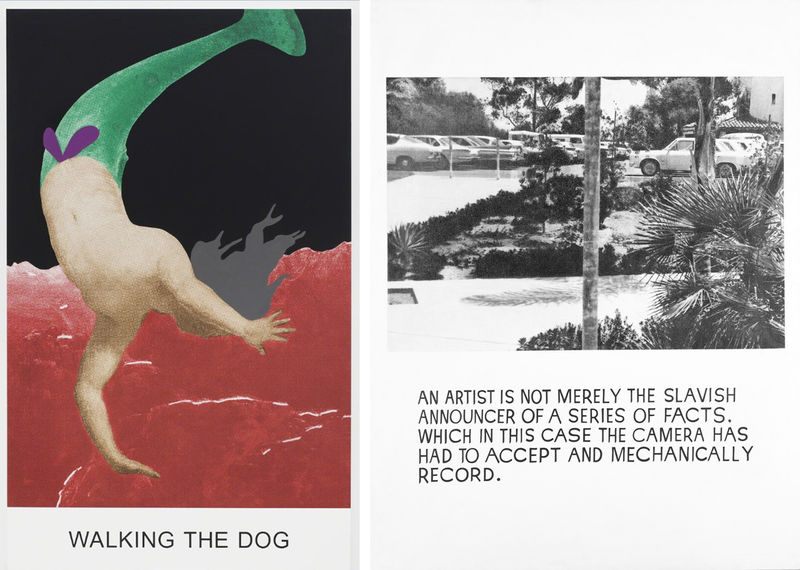 Слева: Джон Балдессари. Double Play: Walking the Dog (Двойной альбом. Выгуливая собаку). 2012. Холст, акрил, струйная печать, масло, масляный мелок. Courtesy автор и Marian Goodman Gallery, Нью-Йорк/Париж. © John Baldessari. Справа: Джон Балдессари. Художник не просто рабски транслирует набор фактов… 1968. Холст, фотоэмульсионная краска, лак, гипс. Музей современного искусства Уитни, Нью-Йорк. © John Baldessari