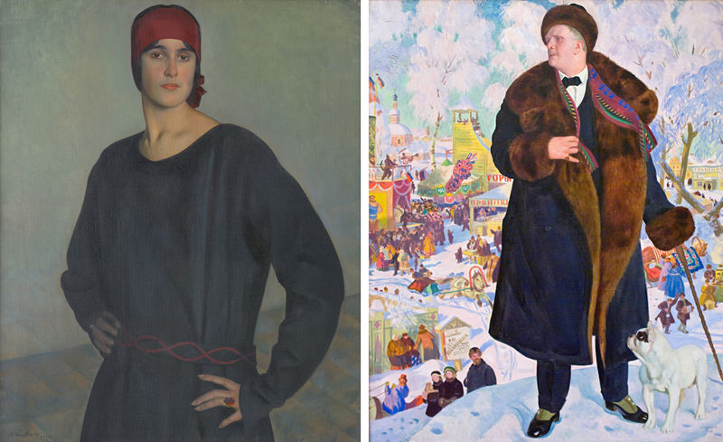 Слева: Борис Кустодиев. Портрет Татьяны Николаевны Чижовой. 1924. Холст, масло. Ивановский областной художественный музей. В 1924 году эта работа выставлялась в Павильоне СССР на 14-й Венецианской биеннале. Справа: Борис Кустодиев. Портрет Ф.И. Шаляпина. 1922. Холст, масло. Государственный Русский музей, Санкт-Петербург