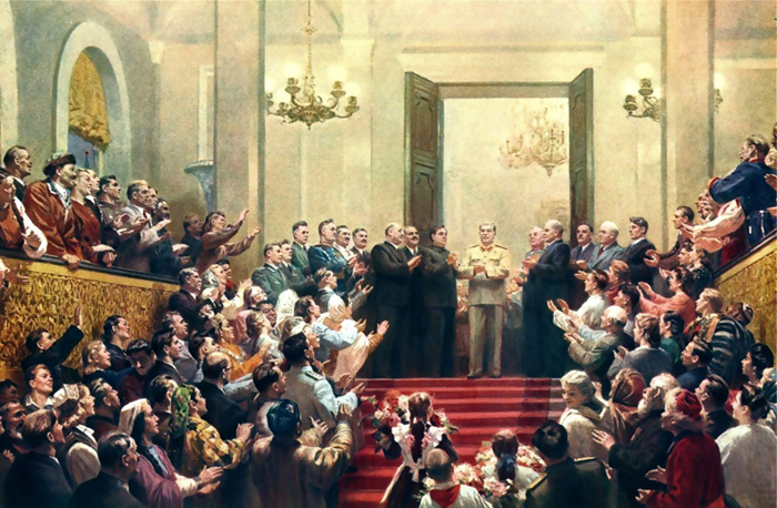 Юрий Кугач, Василий Нечитайло, Виктор Цыплаков. Великому Сталину — слава! 1950. Холст, масло. Государственный Русский музей